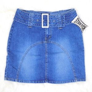 Retro Y2K Distressed Stretch Denim Blue Jean Skirt Womens size 7 Belted Fitted